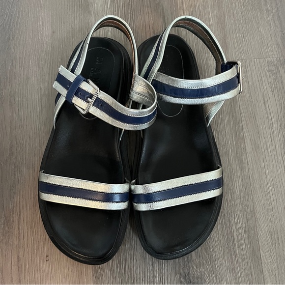 Marni | Summer Camp Fussbett Sandals | Silver/Blue Metallic Leather | Size 7.5 - Picture 3 of 13